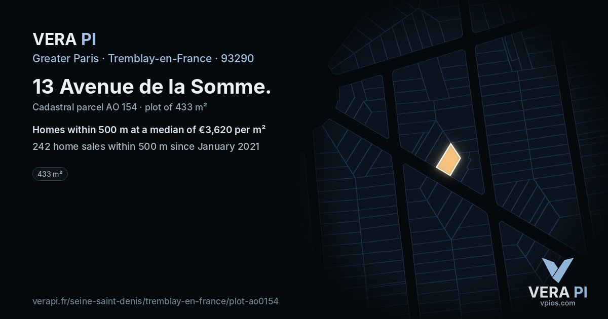 13 Avenue de la Somme, Tremblay-en-France at night – the plot lit, the parcels around coloured by the prices near them