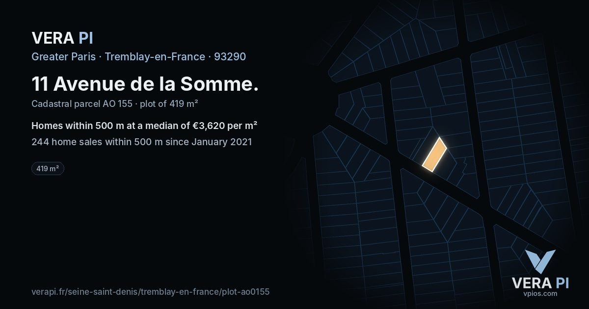 11 Avenue de la Somme, Tremblay-en-France at night – the plot lit, the parcels around coloured by the prices near them