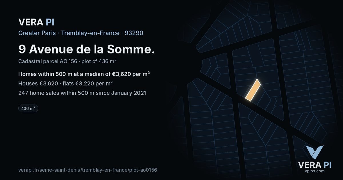 9 Avenue de la Somme, Tremblay-en-France at night – the plot lit, the parcels around coloured by the prices near them