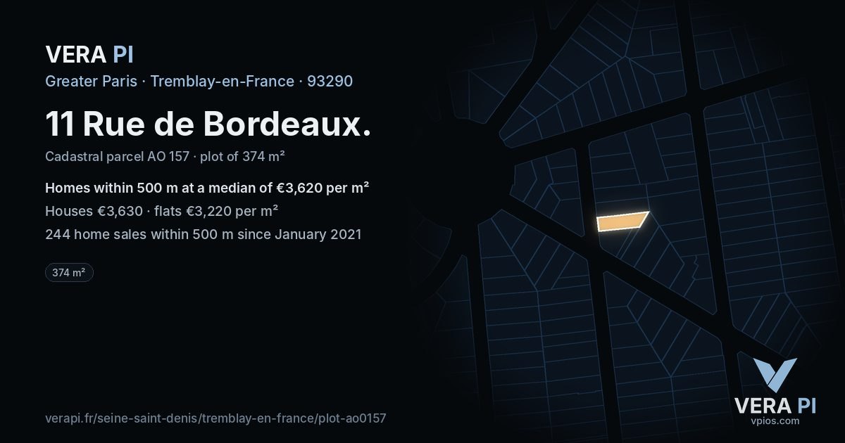 11 Rue de Bordeaux, Tremblay-en-France at night – the plot lit, the parcels around coloured by the prices near them