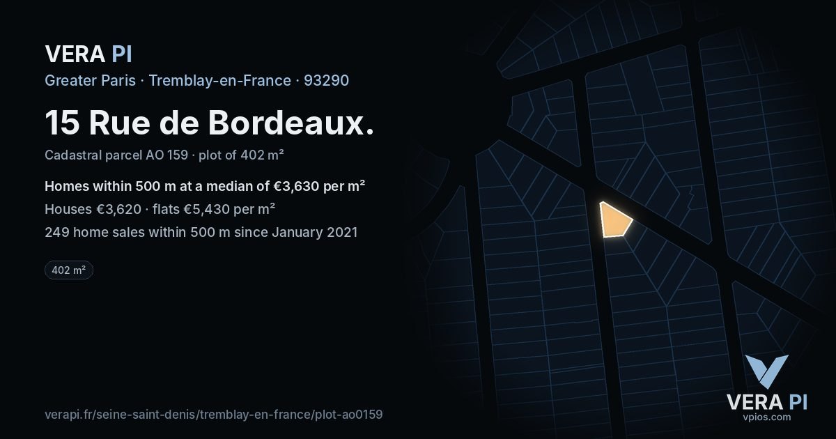 15 Rue de Bordeaux, Tremblay-en-France at night – the plot lit, the parcels around coloured by the prices near them