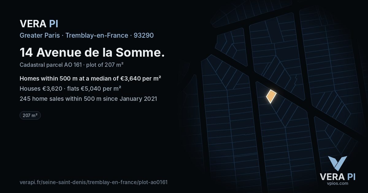 14 Avenue de la Somme, Tremblay-en-France at night – the plot lit, the parcels around coloured by the prices near them