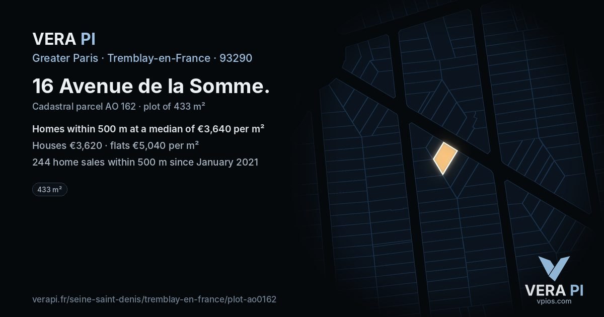 16 Avenue de la Somme, Tremblay-en-France at night – the plot lit, the parcels around coloured by the prices near them