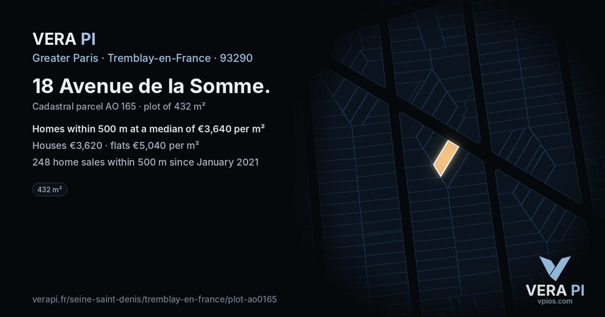 18 Avenue de la Somme, Tremblay-en-France at night – the plot lit, the parcels around coloured by the prices near them