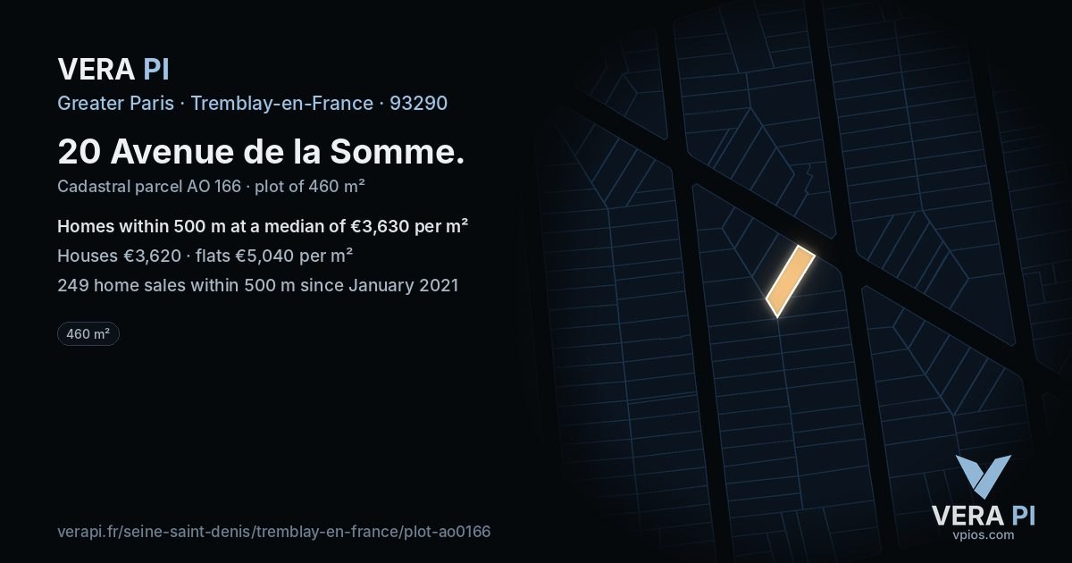 20 Avenue de la Somme, Tremblay-en-France at night – the plot lit, the parcels around coloured by the prices near them