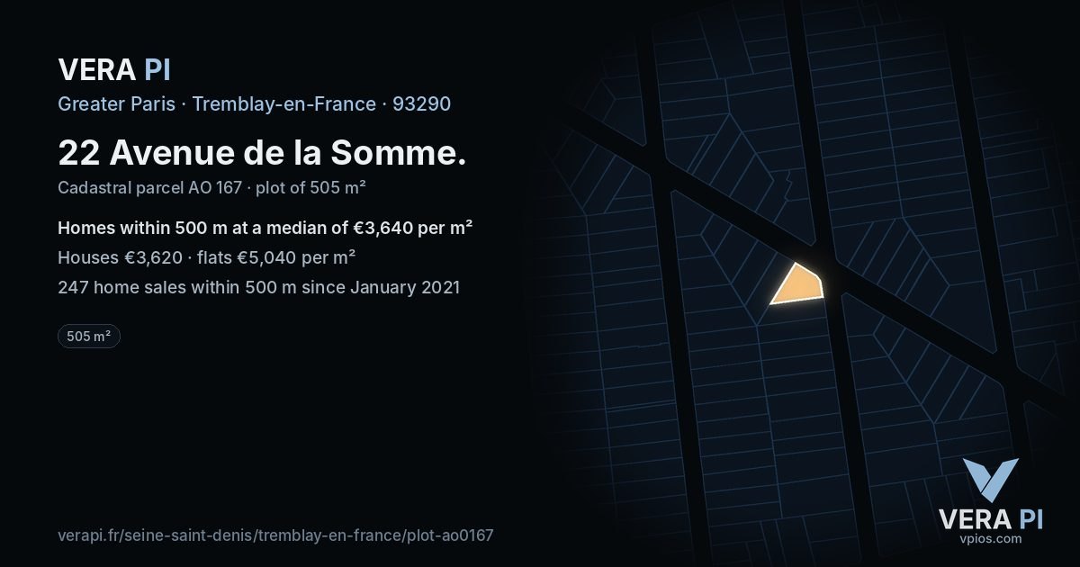 22 Avenue de la Somme, Tremblay-en-France at night – the plot lit, the parcels around coloured by the prices near them