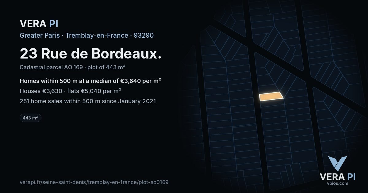 23 Rue de Bordeaux, Tremblay-en-France at night – the plot lit, the parcels around coloured by the prices near them