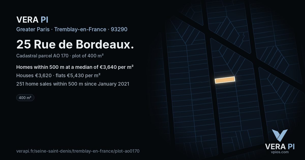25 Rue de Bordeaux, Tremblay-en-France at night – the plot lit, the parcels around coloured by the prices near them