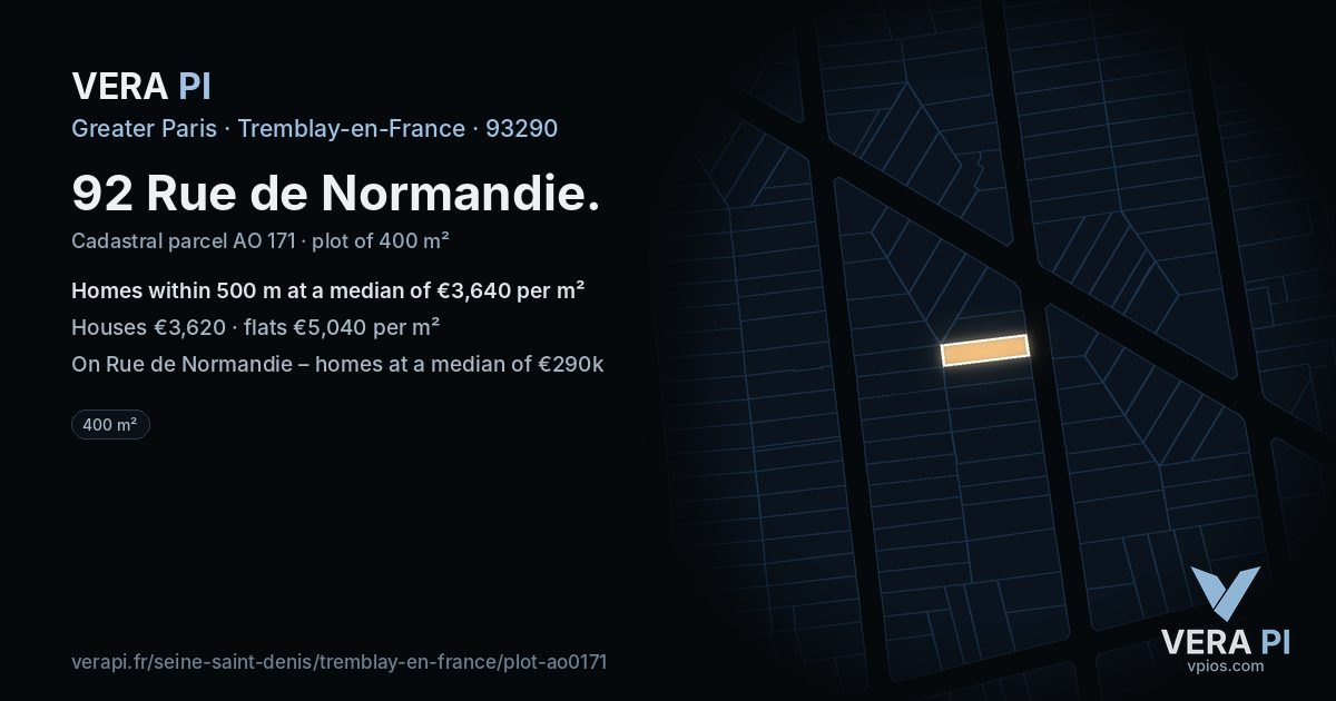 92 Rue de Normandie, Tremblay-en-France at night – the plot lit, the parcels around coloured by the prices near them