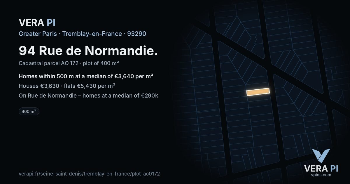94 Rue de Normandie, Tremblay-en-France at night – the plot lit, the parcels around coloured by the prices near them