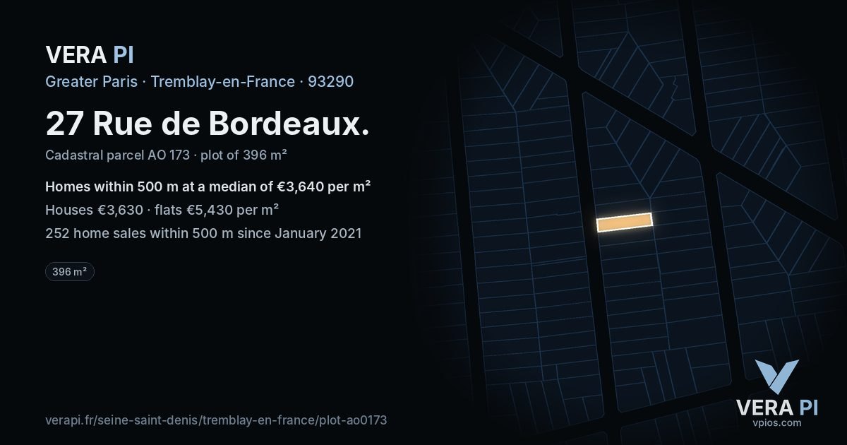 27 Rue de Bordeaux, Tremblay-en-France at night – the plot lit, the parcels around coloured by the prices near them