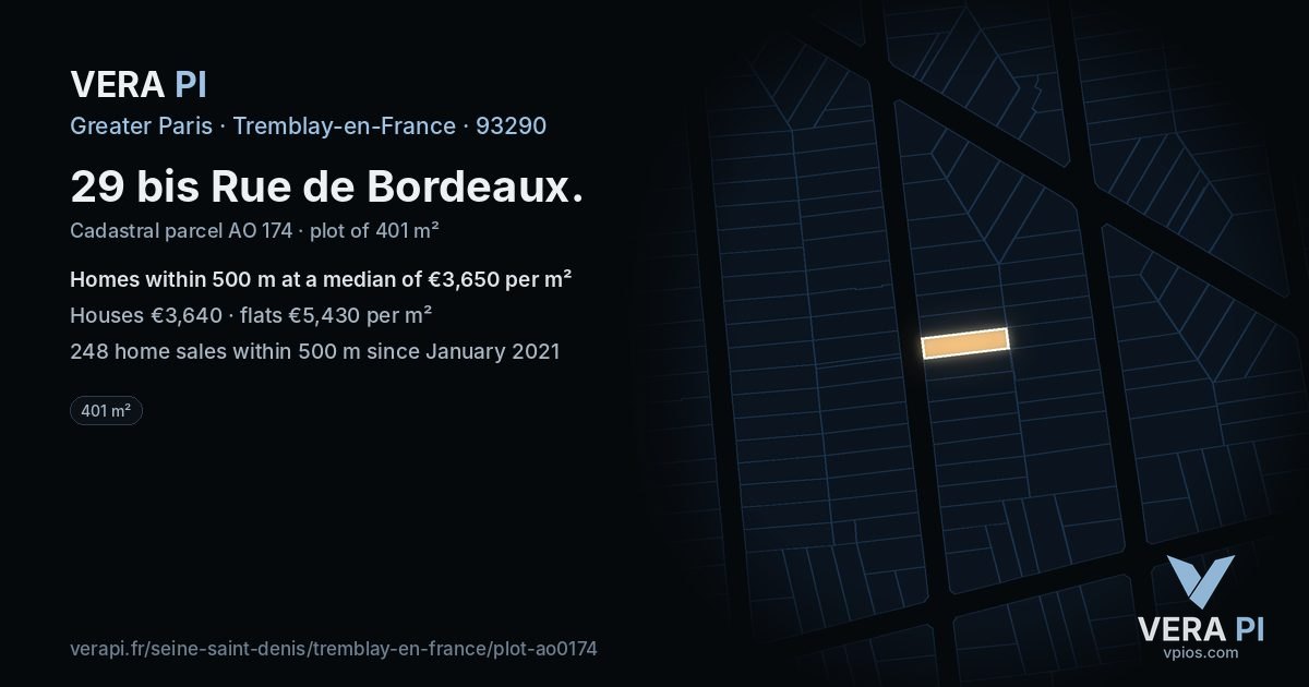 29 bis Rue de Bordeaux, Tremblay-en-France at night – the plot lit, the parcels around coloured by the prices near them