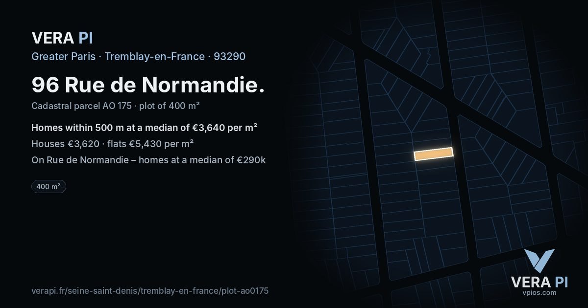 96 Rue de Normandie, Tremblay-en-France at night – the plot lit, the parcels around coloured by the prices near them