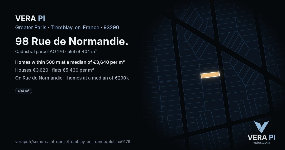 98 Rue de Normandie, Tremblay-en-France at night – the plot lit, the parcels around coloured by the prices near them