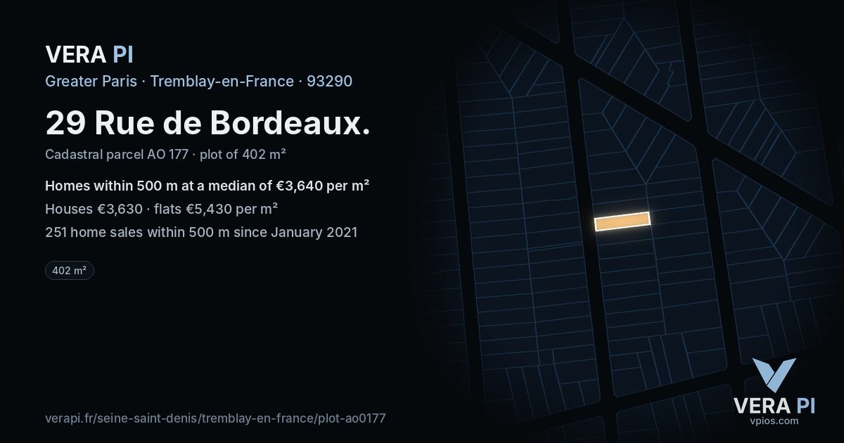 29 Rue de Bordeaux, Tremblay-en-France at night – the plot lit, the parcels around coloured by the prices near them