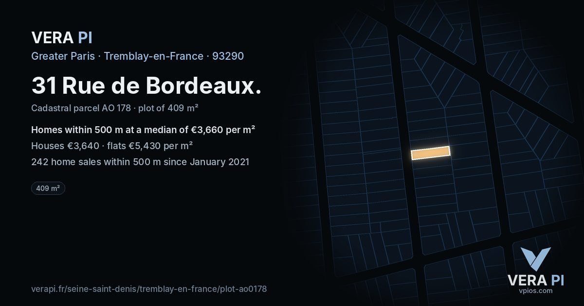 31 Rue de Bordeaux, Tremblay-en-France at night – the plot lit, the parcels around coloured by the prices near them