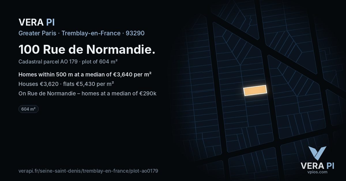 100 Rue de Normandie, Tremblay-en-France at night – the plot lit, the parcels around coloured by the prices near them