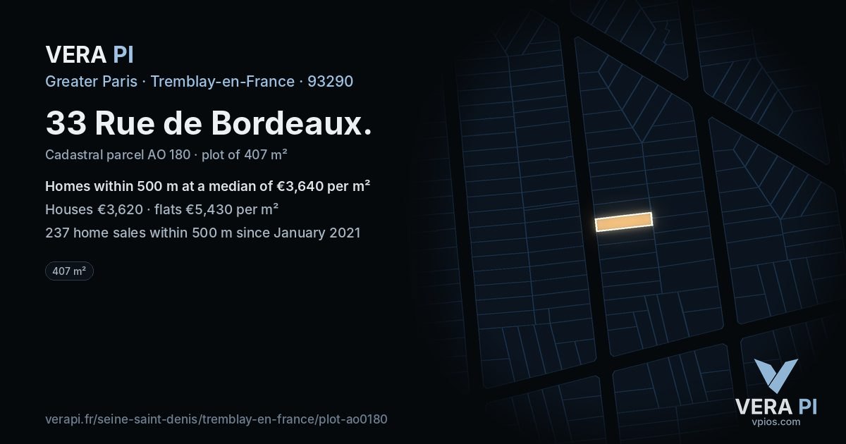 33 Rue de Bordeaux, Tremblay-en-France at night – the plot lit, the parcels around coloured by the prices near them