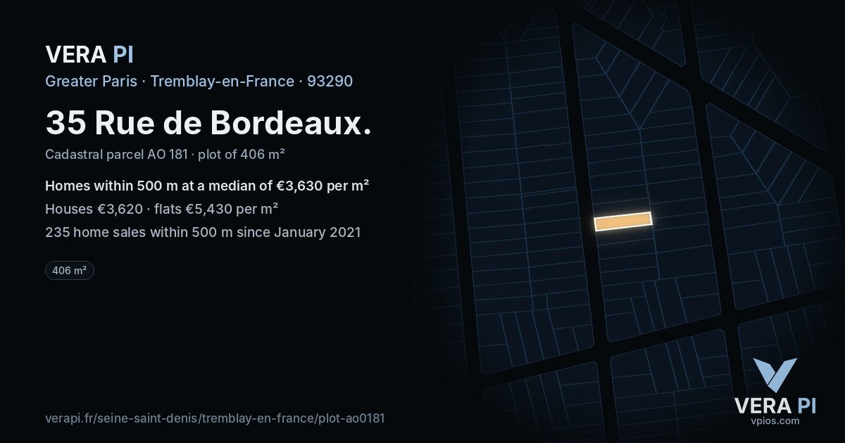 35 Rue de Bordeaux, Tremblay-en-France at night – the plot lit, the parcels around coloured by the prices near them