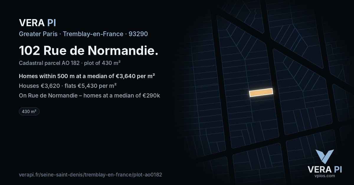 102 Rue de Normandie, Tremblay-en-France at night – the plot lit, the parcels around coloured by the prices near them