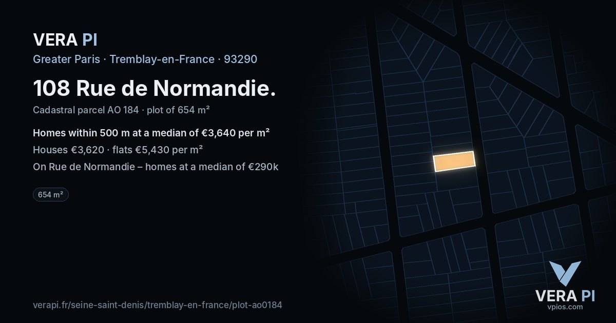 108 Rue de Normandie, Tremblay-en-France at night – the plot lit, the parcels around coloured by the prices near them