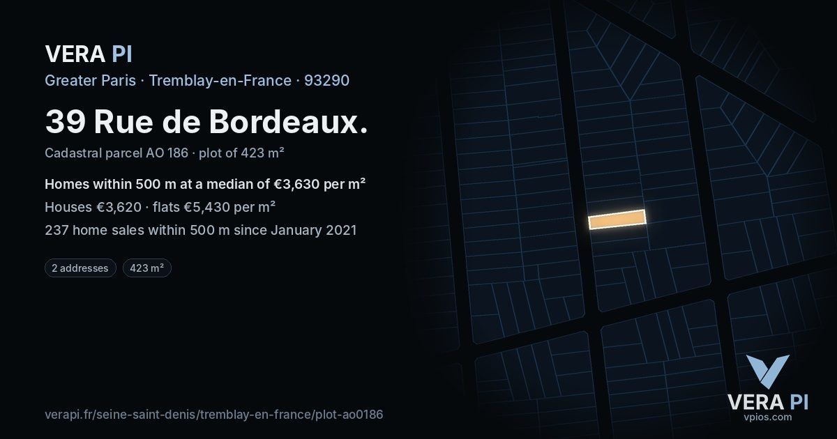 39 Rue de Bordeaux, Tremblay-en-France at night – the plot lit, the parcels around coloured by the prices near them