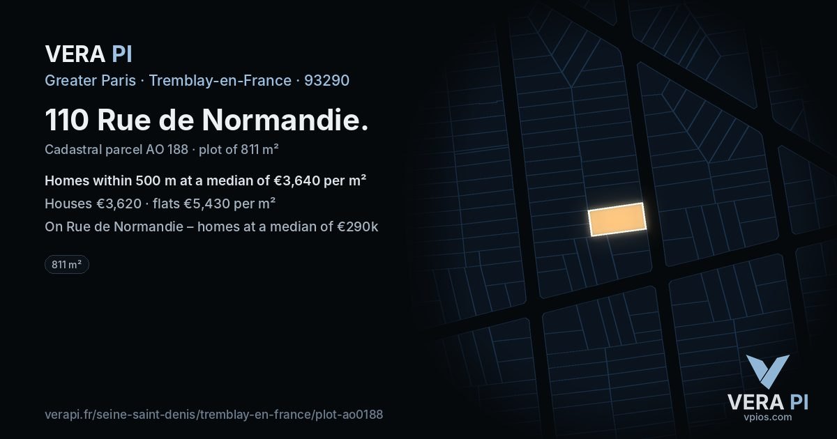 110 Rue de Normandie, Tremblay-en-France at night – the plot lit, the parcels around coloured by the prices near them