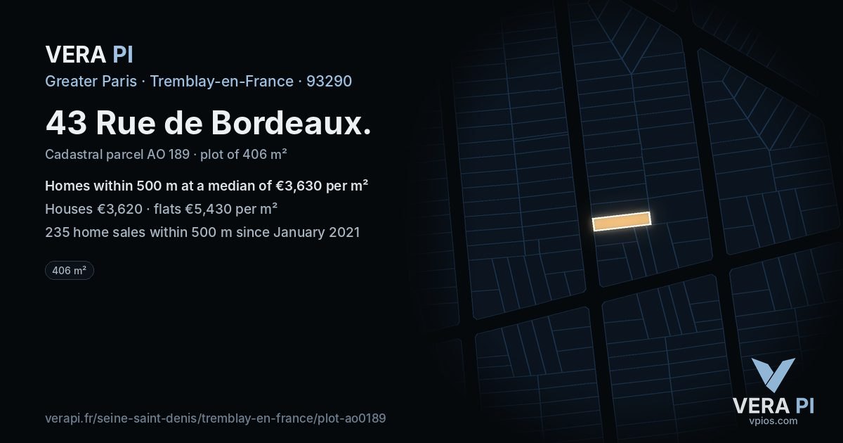 43 Rue de Bordeaux, Tremblay-en-France at night – the plot lit, the parcels around coloured by the prices near them