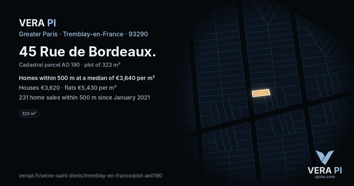 45 Rue de Bordeaux, Tremblay-en-France at night – the plot lit, the parcels around coloured by the prices near them