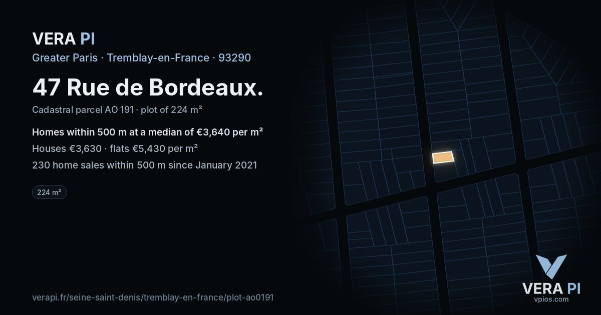 47 Rue de Bordeaux, Tremblay-en-France at night – the plot lit, the parcels around coloured by the prices near them