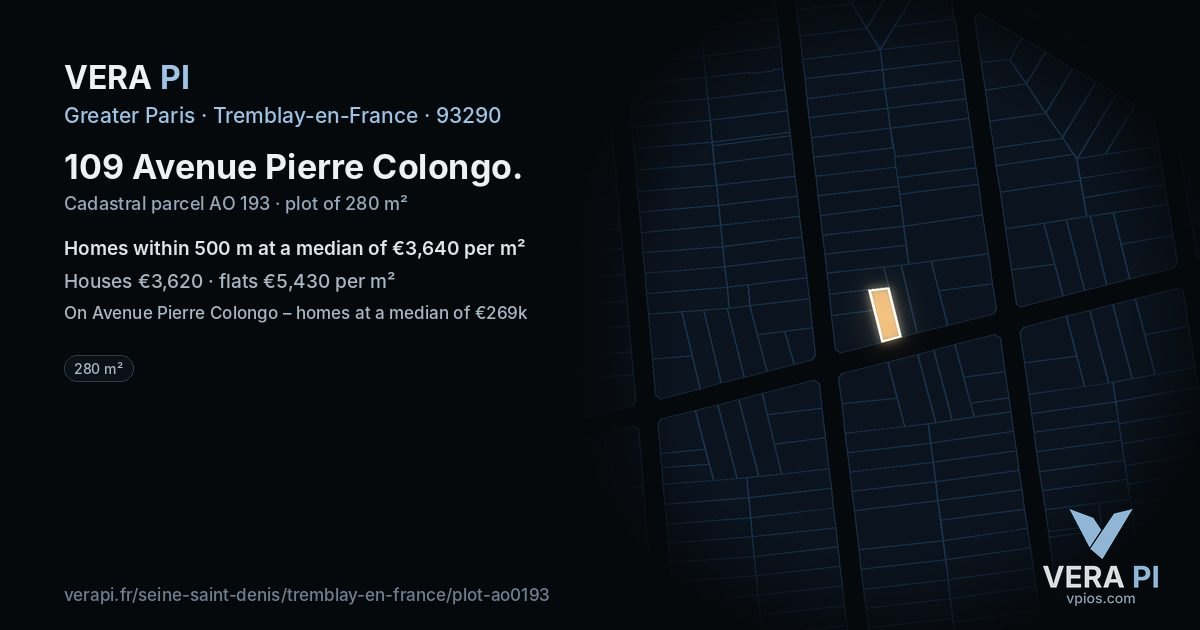 109 Avenue Pierre Colongo, Tremblay-en-France at night – the plot lit, the parcels around coloured by the prices near them