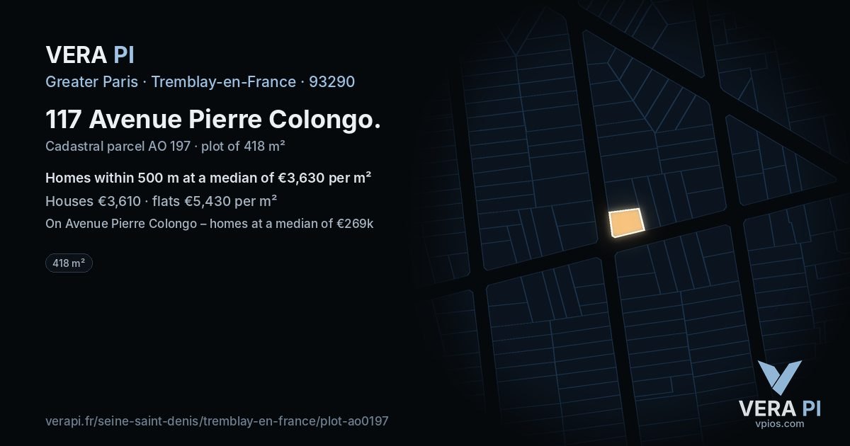 117 Avenue Pierre Colongo, Tremblay-en-France at night – the plot lit, the parcels around coloured by the prices near them