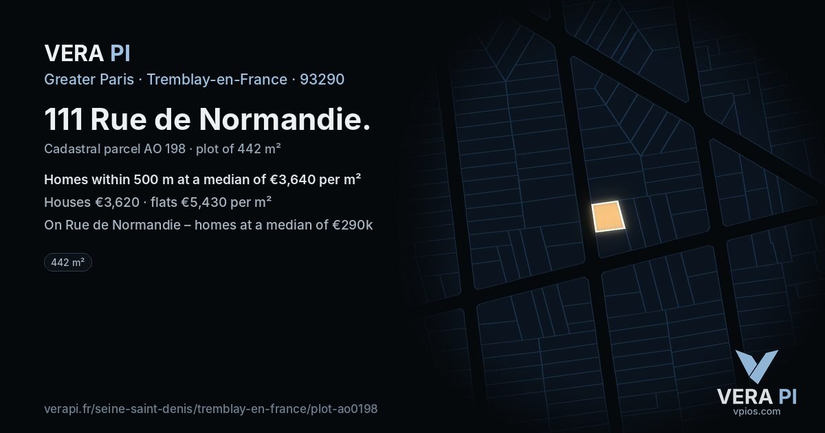 111 Rue de Normandie, Tremblay-en-France at night – the plot lit, the parcels around coloured by the prices near them