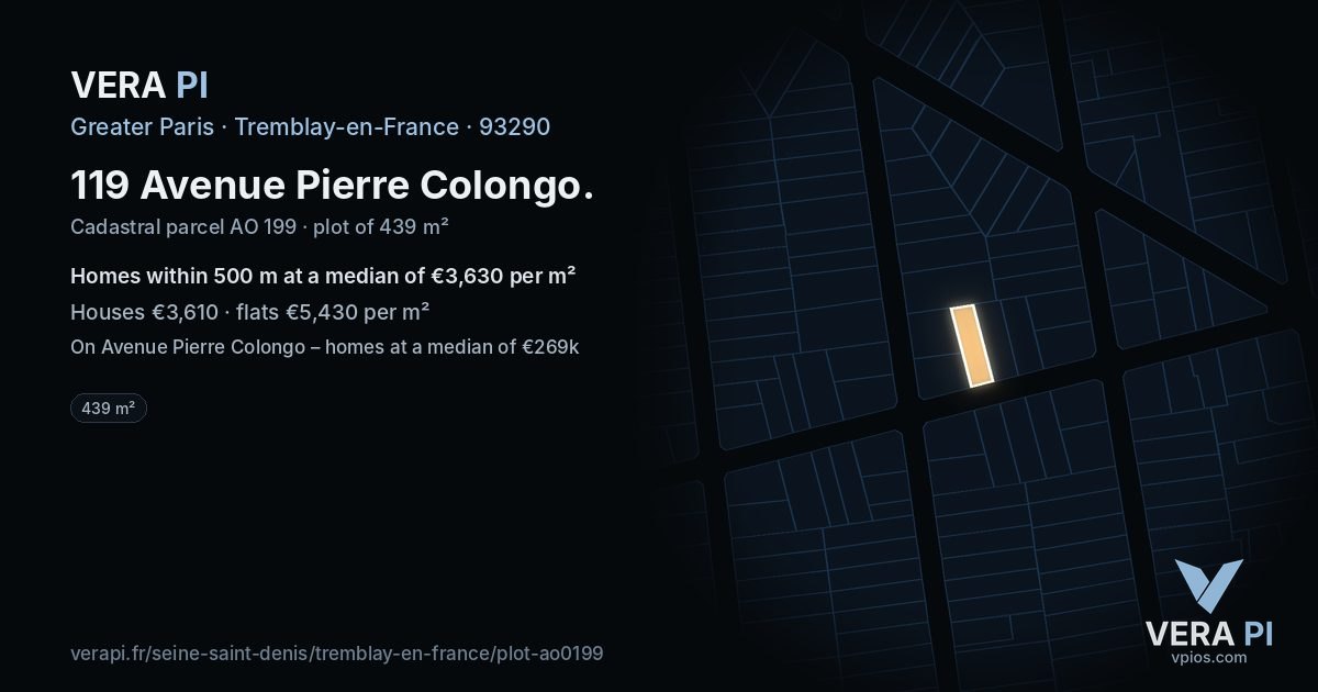119 Avenue Pierre Colongo, Tremblay-en-France at night – the plot lit, the parcels around coloured by the prices near them