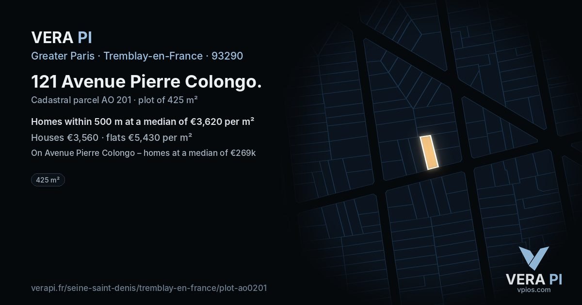 121 Avenue Pierre Colongo, Tremblay-en-France at night – the plot lit, the parcels around coloured by the prices near them