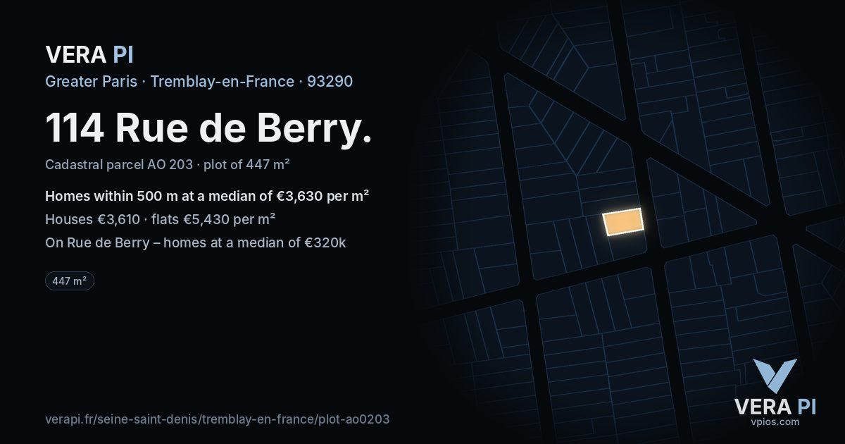 114 Rue de Berry, Tremblay-en-France at night – the plot lit, the parcels around coloured by the prices near them