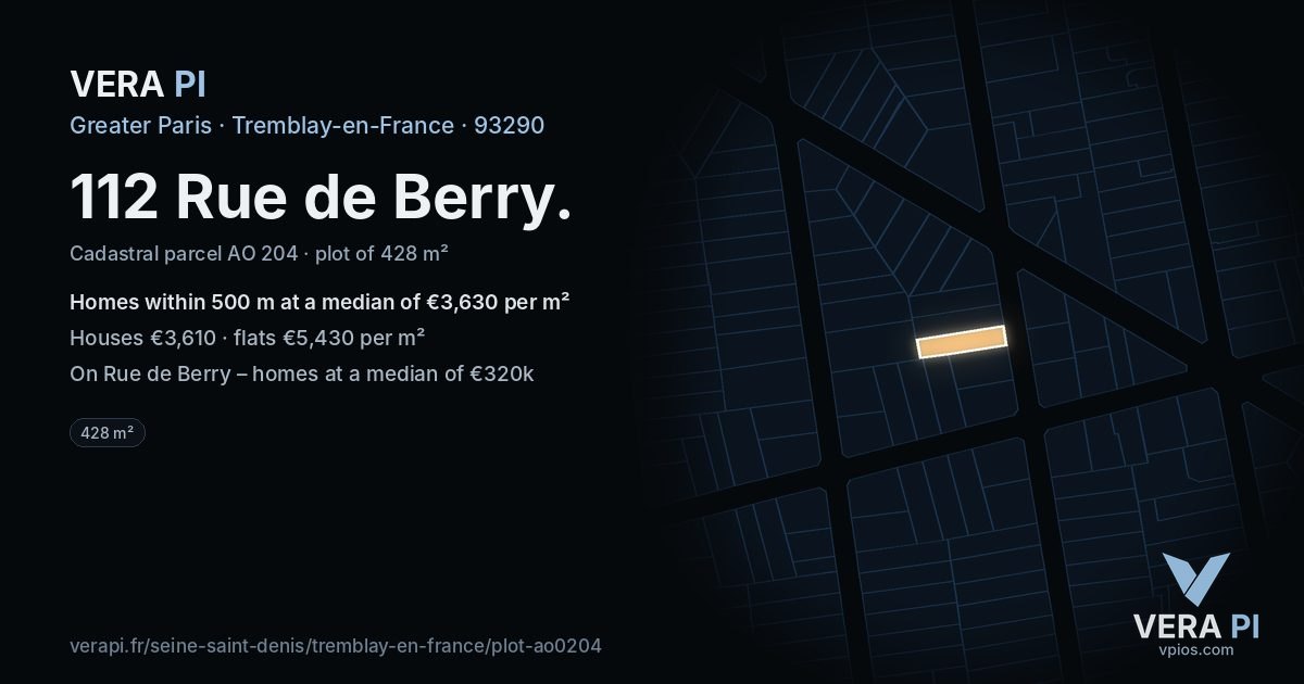 112 Rue de Berry, Tremblay-en-France at night – the plot lit, the parcels around coloured by the prices near them