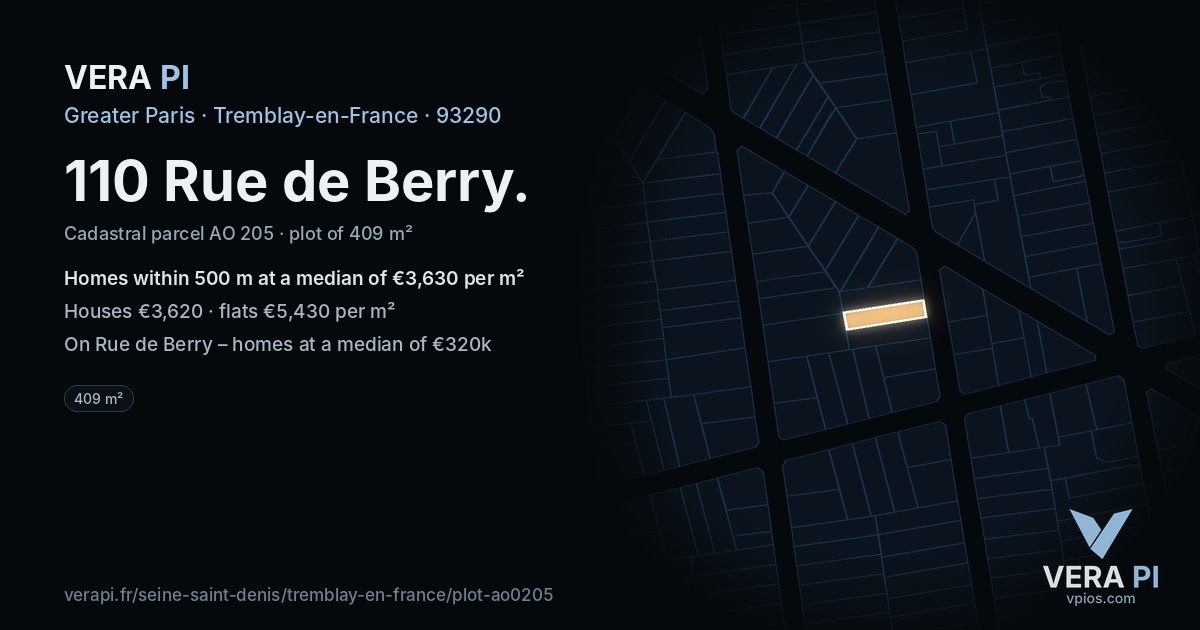 110 Rue de Berry, Tremblay-en-France at night – the plot lit, the parcels around coloured by the prices near them
