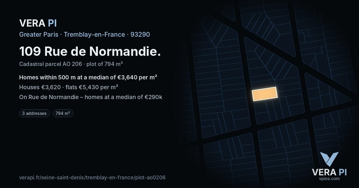 109 Rue de Normandie, Tremblay-en-France at night – the plot lit, the parcels around coloured by the prices near them