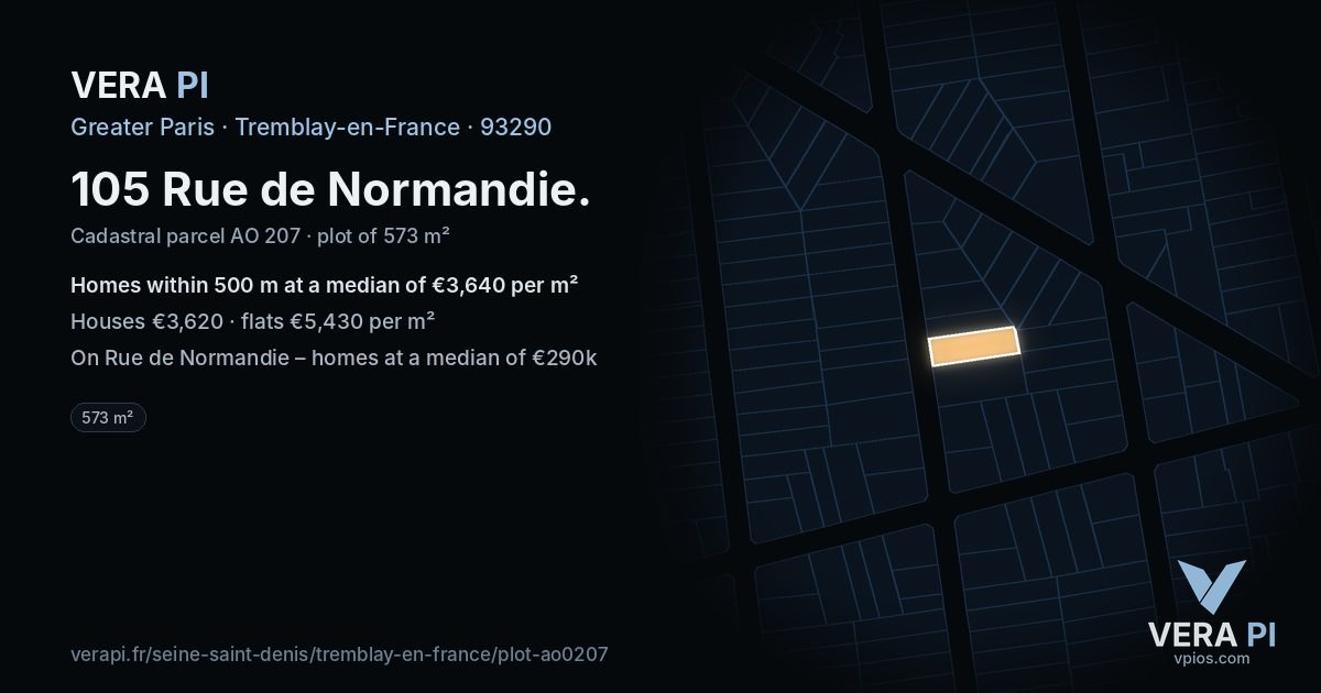105 Rue de Normandie, Tremblay-en-France at night – the plot lit, the parcels around coloured by the prices near them