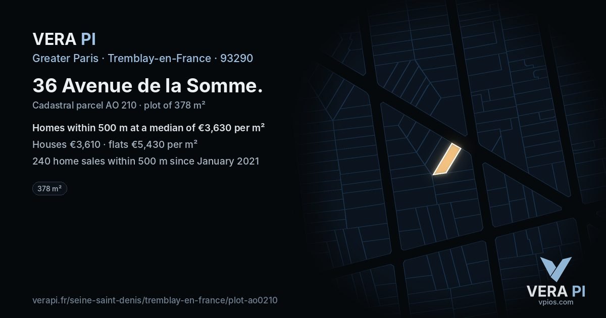 36 Avenue de la Somme, Tremblay-en-France at night – the plot lit, the parcels around coloured by the prices near them