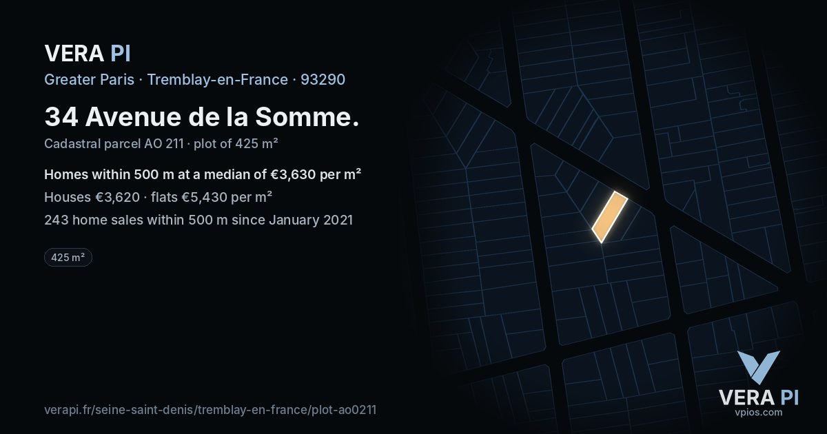 34 Avenue de la Somme, Tremblay-en-France at night – the plot lit, the parcels around coloured by the prices near them
