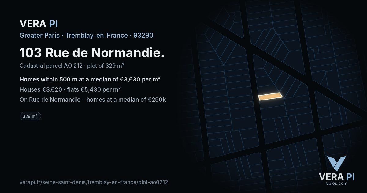 103 Rue de Normandie, Tremblay-en-France at night – the plot lit, the parcels around coloured by the prices near them