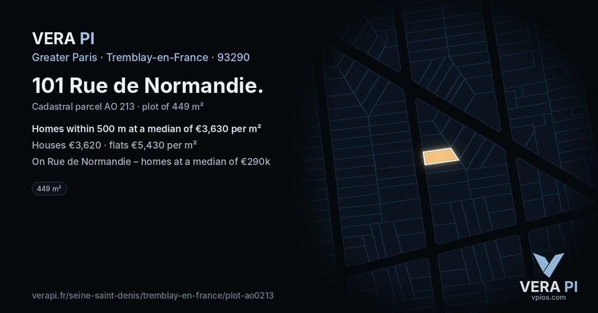 101 Rue de Normandie, Tremblay-en-France at night – the plot lit, the parcels around coloured by the prices near them