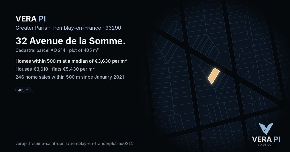 32 Avenue de la Somme, Tremblay-en-France at night – the plot lit, the parcels around coloured by the prices near them