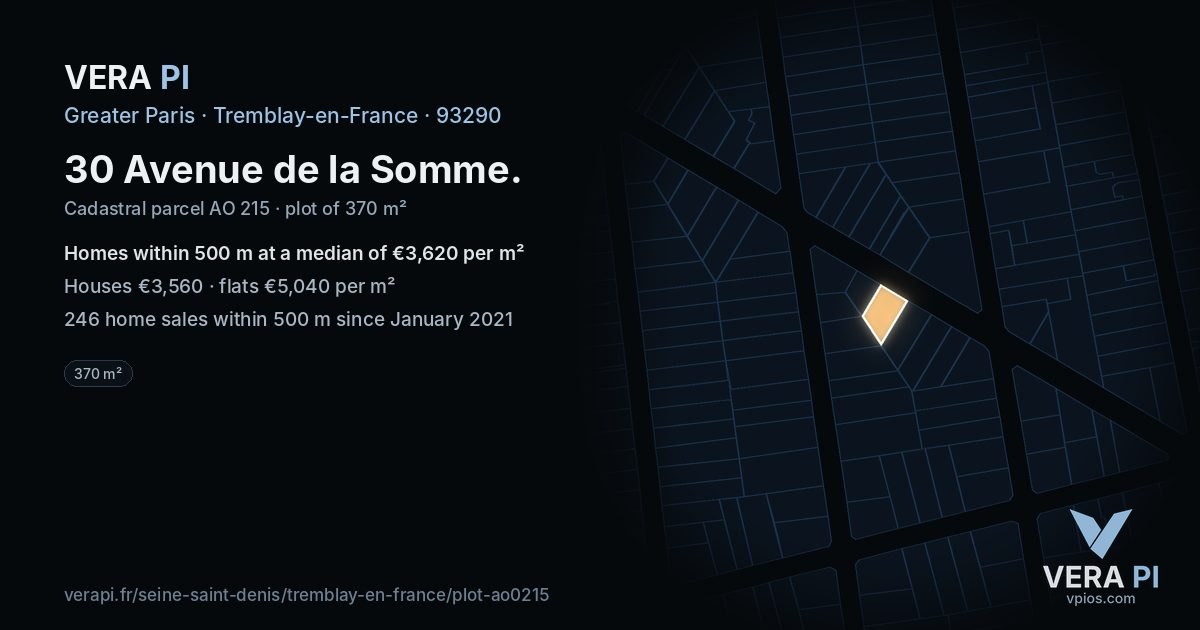 30 Avenue de la Somme, Tremblay-en-France at night – the plot lit, the parcels around coloured by the prices near them
