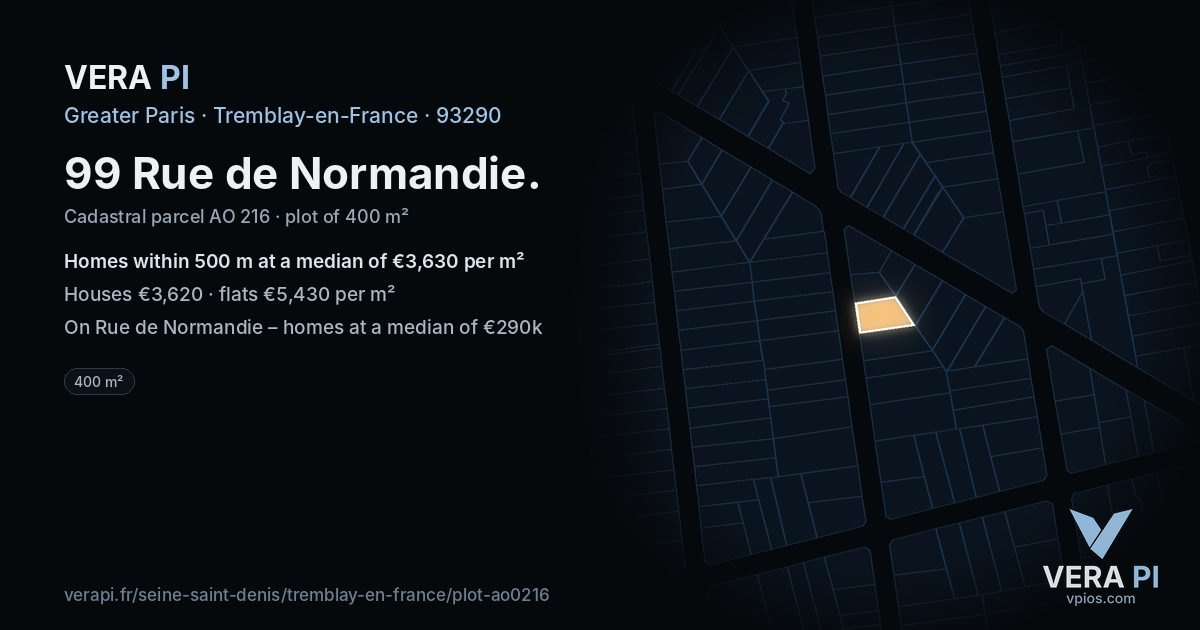 99 Rue de Normandie, Tremblay-en-France at night – the plot lit, the parcels around coloured by the prices near them