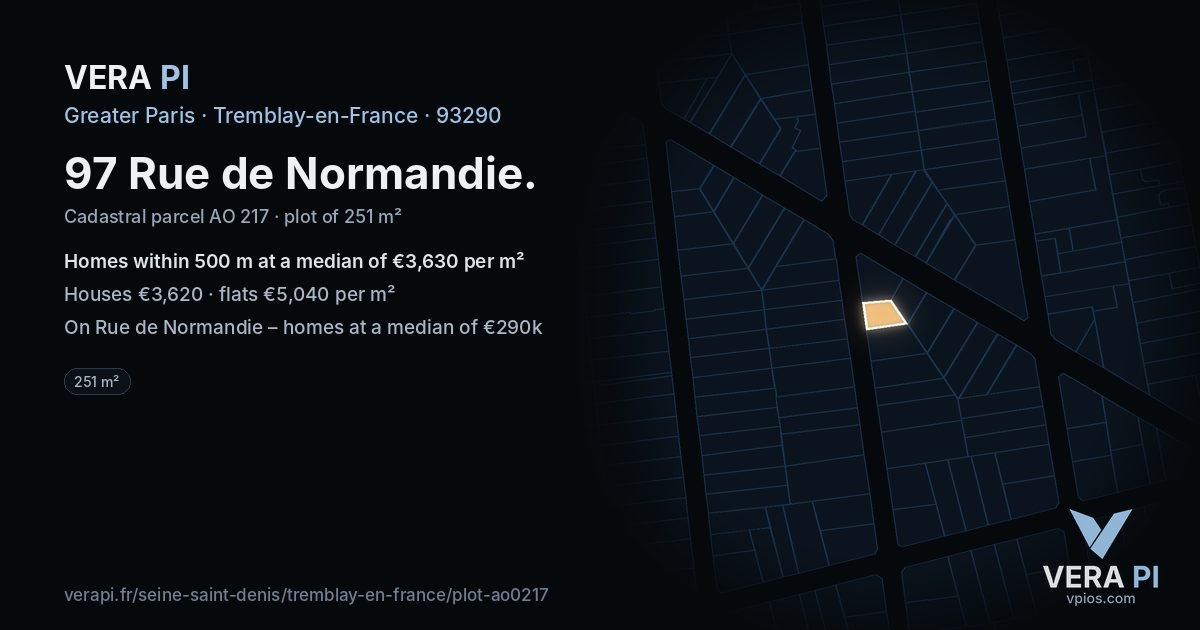 97 Rue de Normandie, Tremblay-en-France at night – the plot lit, the parcels around coloured by the prices near them
