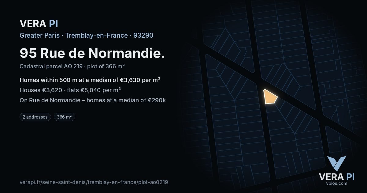 95 Rue de Normandie, Tremblay-en-France at night – the plot lit, the parcels around coloured by the prices near them