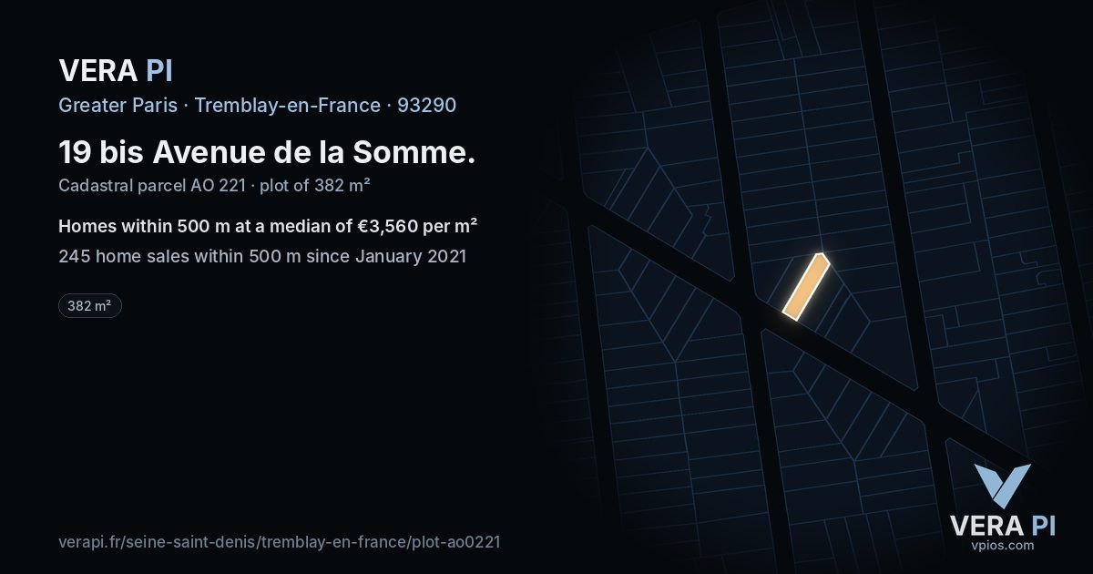 19 bis Avenue de la Somme, Tremblay-en-France at night – the plot lit, the parcels around coloured by the prices near them